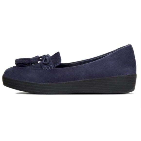 FITFLOP Tassel Bow SneakerLoafer Wedge in Navy Blue Suede Comfort - Size US 7.5 - Picture 1 of 12